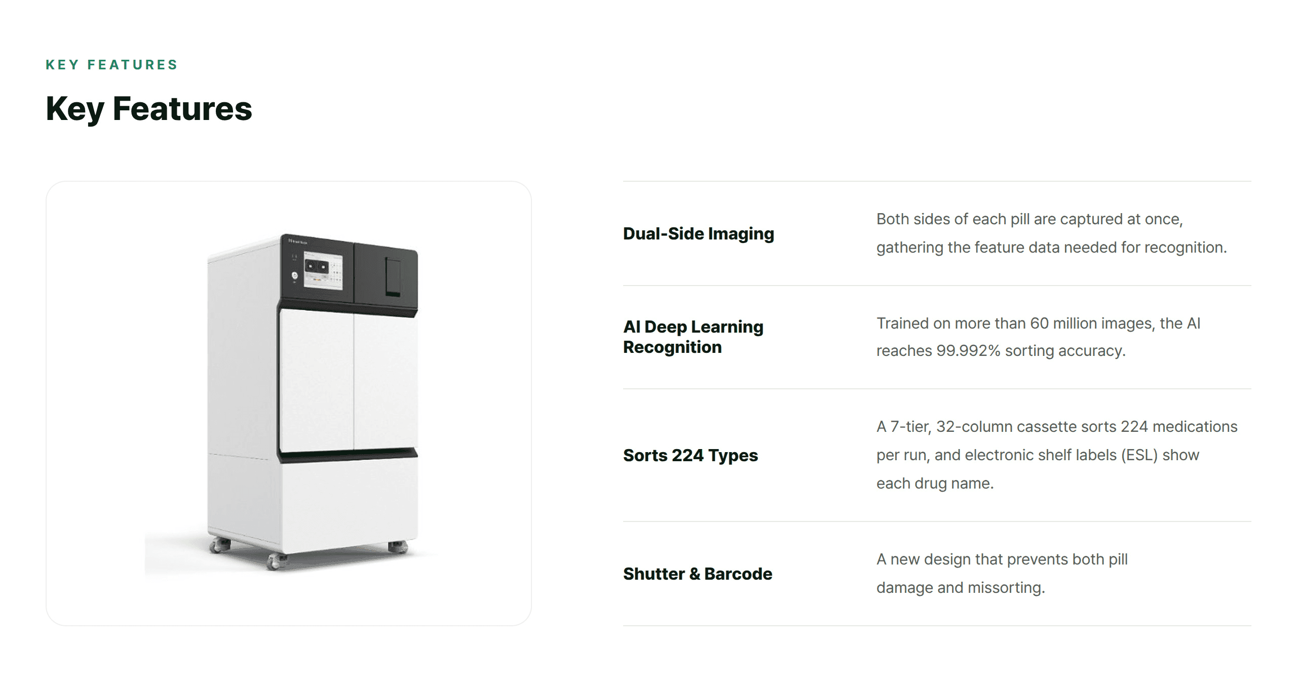 PillBot key features - dual-side imaging, AI deep learning recognition, sorts 224 types, shutter and barcode
