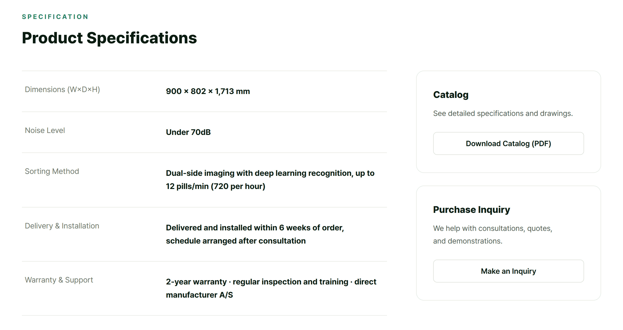 PillBot product specifications with catalog and purchase inquiry