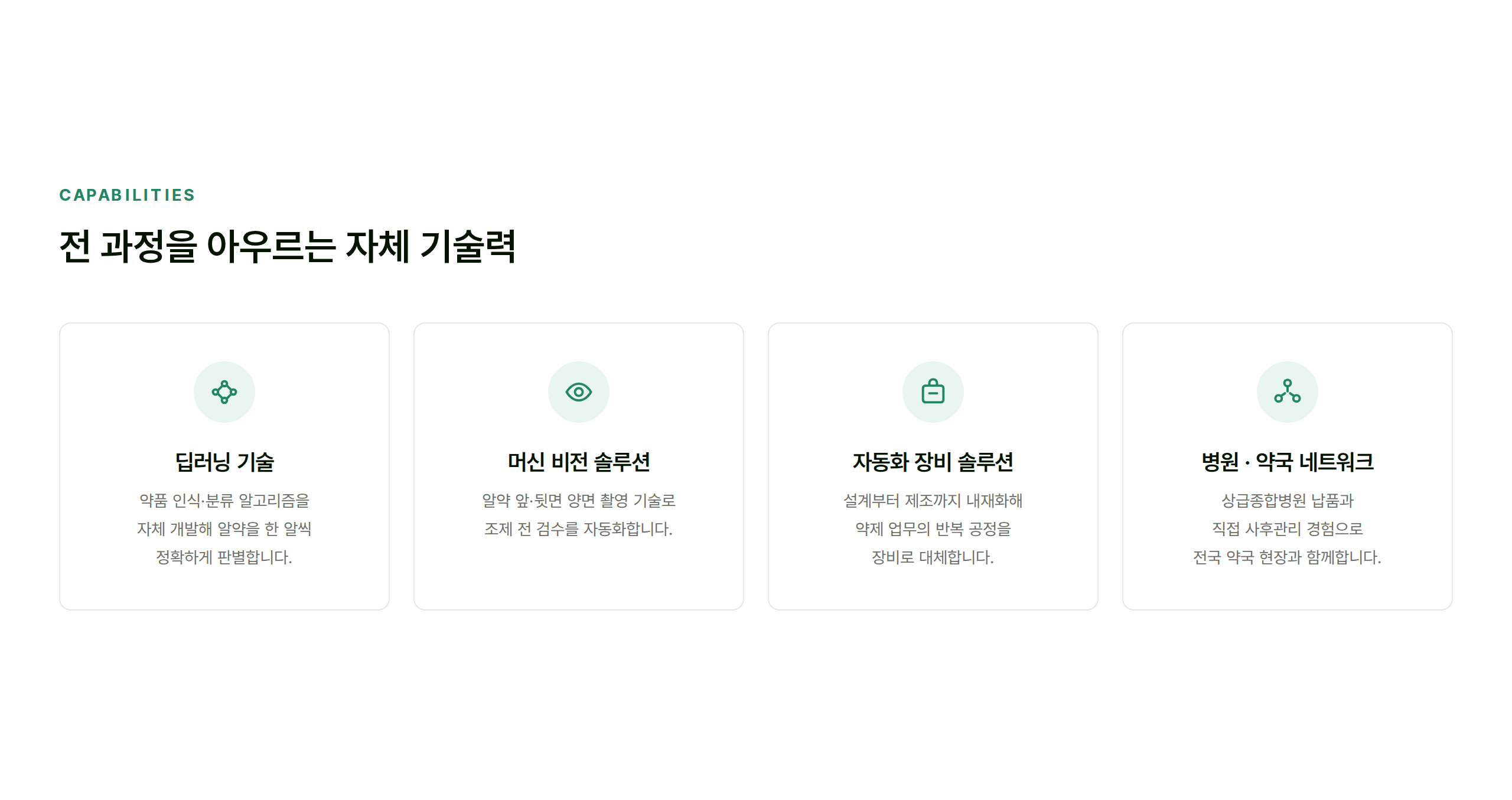 전 과정을 아우르는 자체 기술력 — 딥러닝 기술, 머신 비전 솔루션, 자동화 장비 솔루션, 병원·약국 네트워크