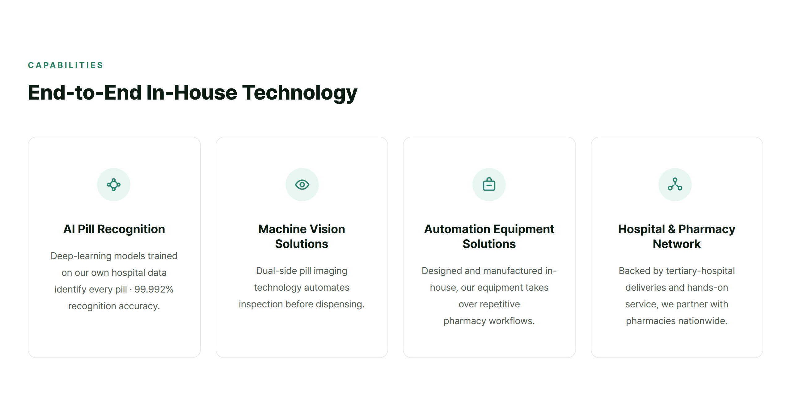 End-to-End In-House Technology — AI pill recognition, machine vision solutions, automation equipment solutions, hospital and pharmacy network