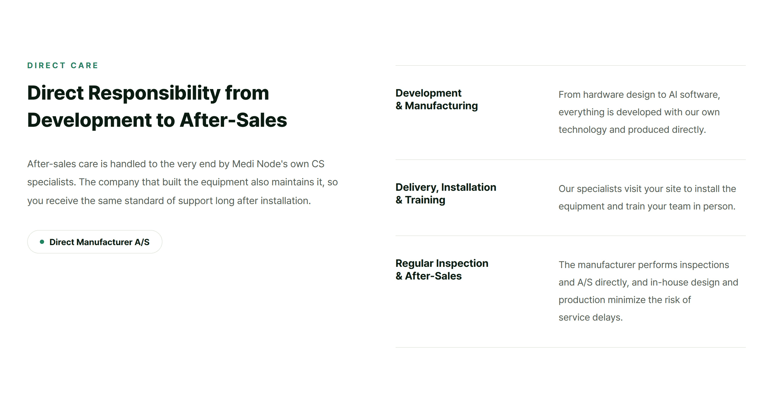 Direct Responsibility from Development to After-Sales — development and manufacturing, delivery and installation and training, regular inspection and after-sales